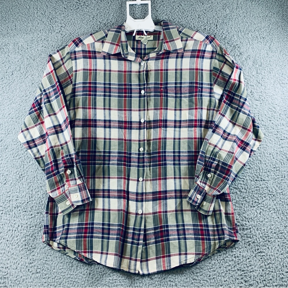 Eddie Bauer‎ Shirt Women's Long Sleeve Button Front Linen Blend Plaid M ***Flaw